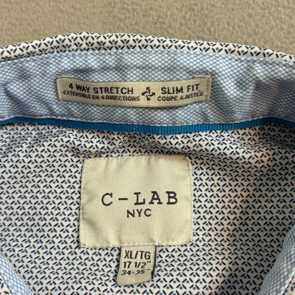 C-LAB NYC Mens XL Slim Fit 4 Way Stretch Blue Geometric Button Down Shirt 17.5 - Picture 4 of 9